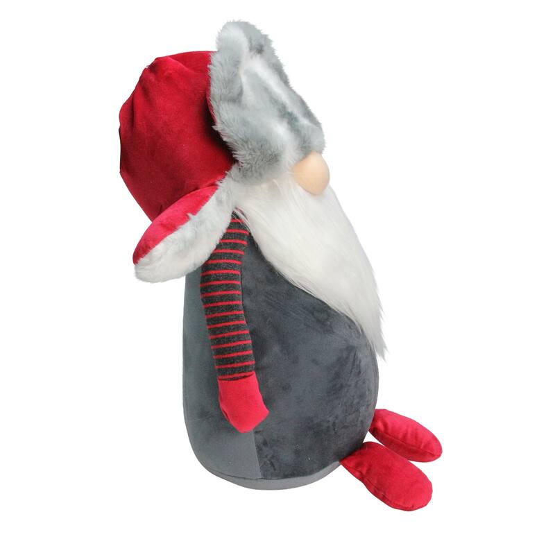14" Dark Grey Gnome with Red Grey Fur Trapper Hat Christmas Decoration