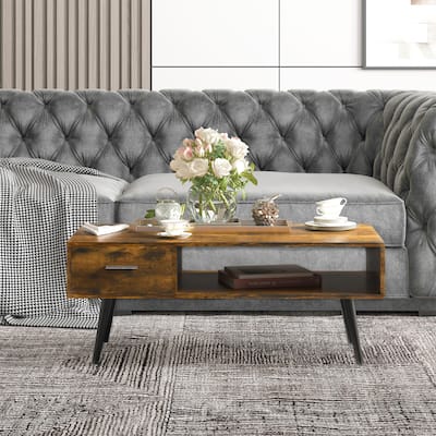 HOMCOM 43 inch Mid-Century Modern Coffee Table with Drawer and Shelf, Rectangular Center Table for Living Room, Rustic Brown