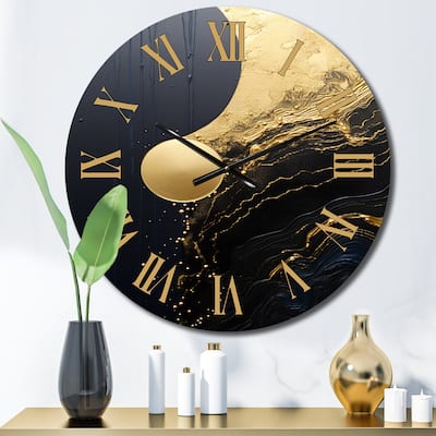 Designart "Essential Nature Abstract Gold And Black II" Abstract Painting Oversized Wall Clock