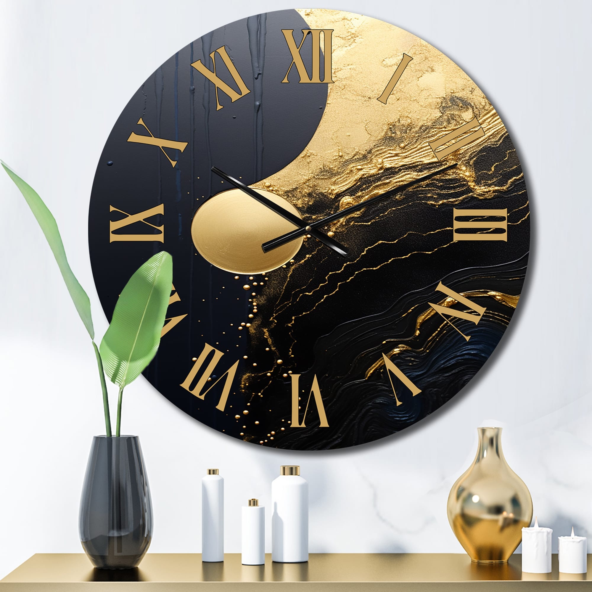 Designart "Essential Nature Abstract Gold And Black II" Abstract Painting Oversized Wall Clock
