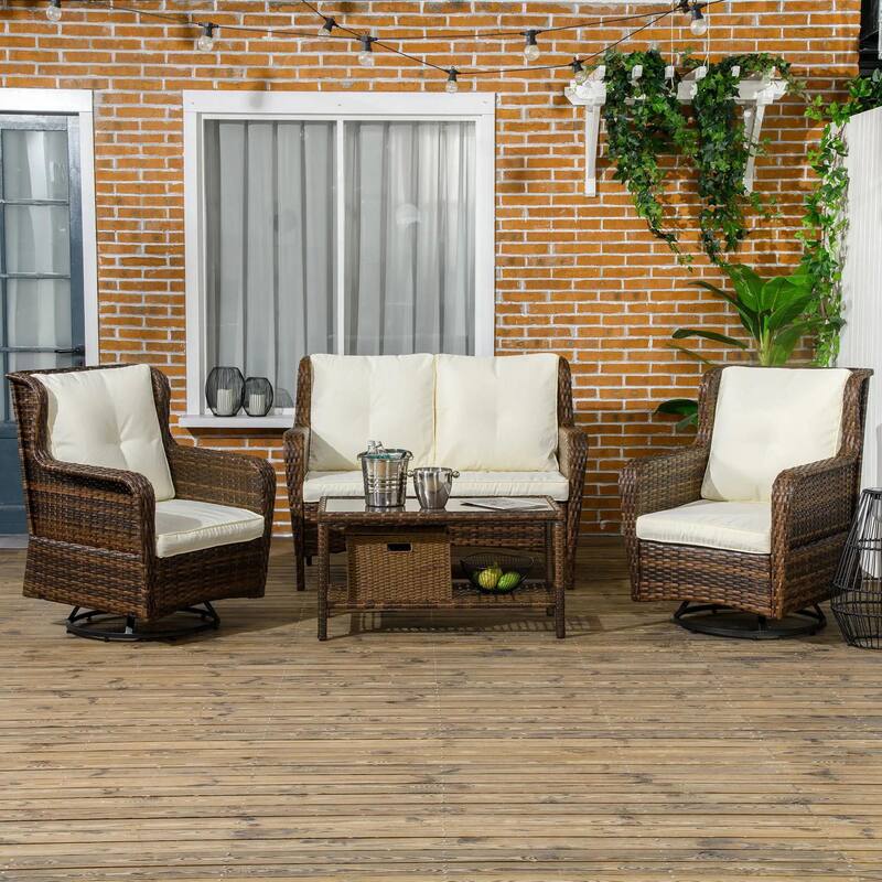 4PCS Rocking PE Rattan Patio Set,Loveseat Teak Table,Weatherproof