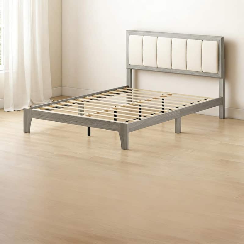 Rubber Wood Platform Bed Frame with Linen Fabric Upholstered Headboard/Adjustable Feet/No Box Spring Needed/Easy Assembly - Gray