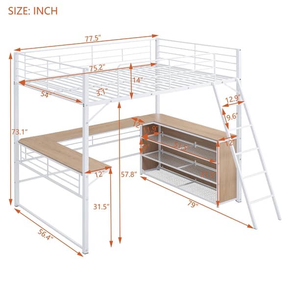 dimension image slide 2 of 4, Metal Loft Bed with L-shaped Desk and 3 Layers of Shelves, Reversible Ladder
