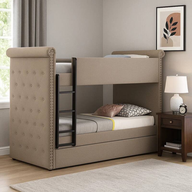 Chesterfield Design Twin Size Bunk Bed with Nailhead Trim, Beige and Black