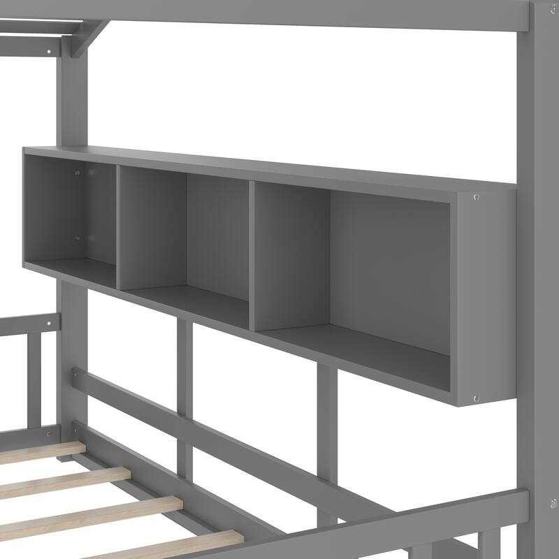 Twin Size Floor House Bed for Toddler, Kids Montessori Bed with Storage Shelf, Playhouse Bed with Roof Design