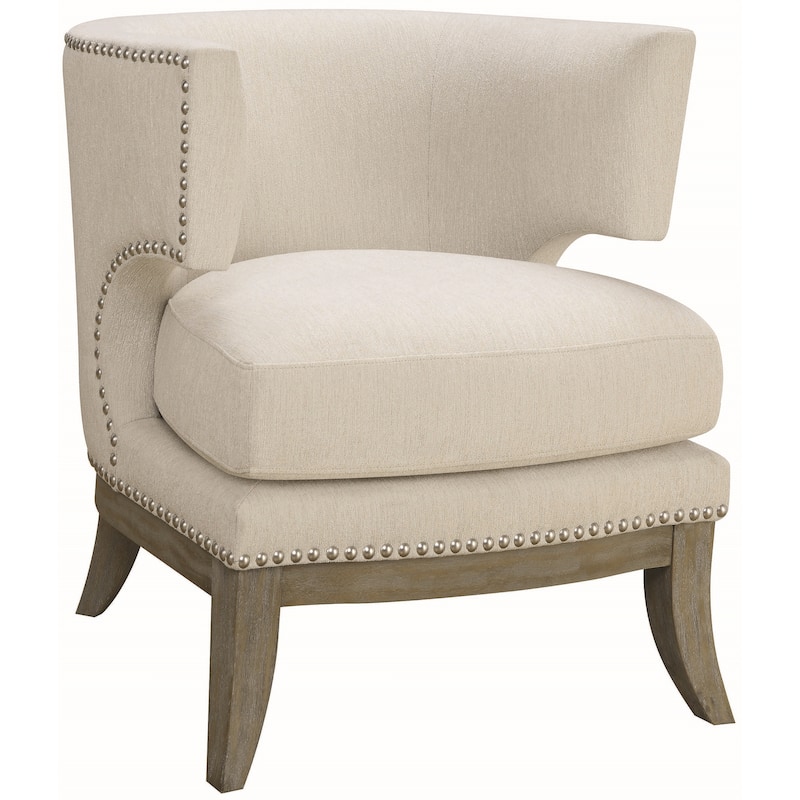 Mid Century Design Cream-White Chenille Living Room Accent Chair with Nailhead Trim