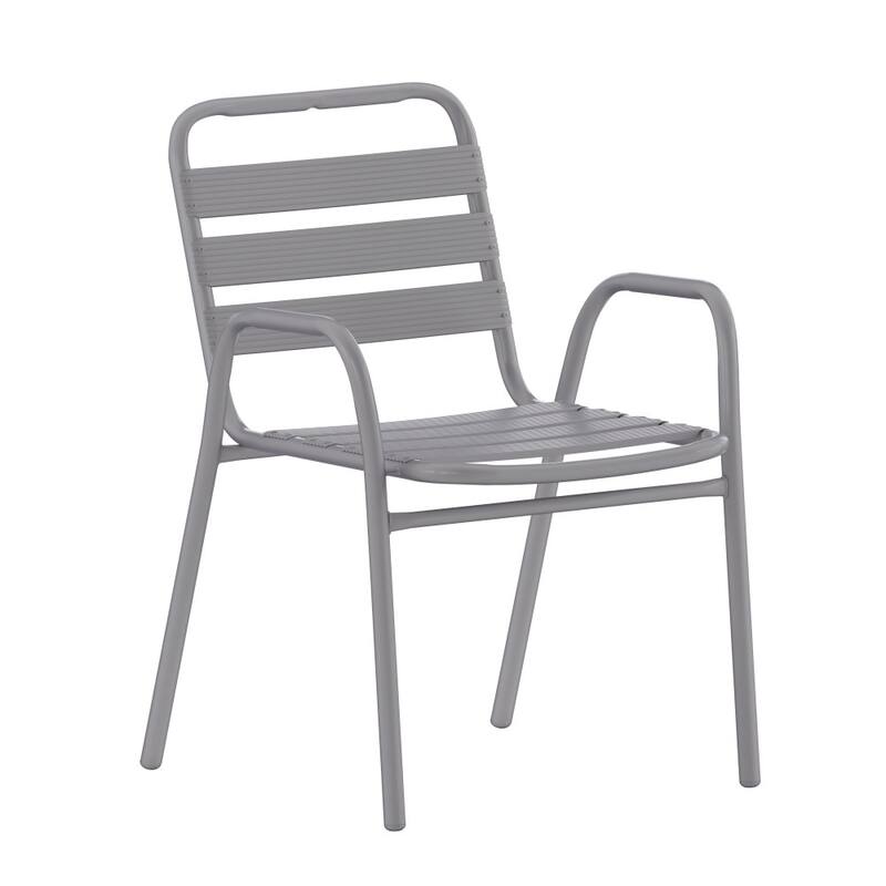 Commercial Indoor-Outdoor Restaurant Stack Chair with Slat Back and Arms - Silver
