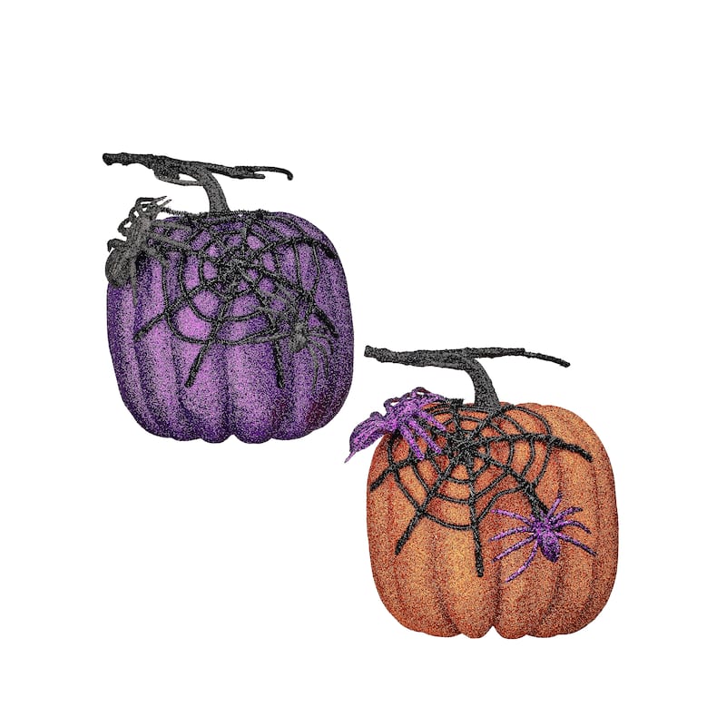 7'' Glitter Pumpkin With Web and Spiders Set of 2