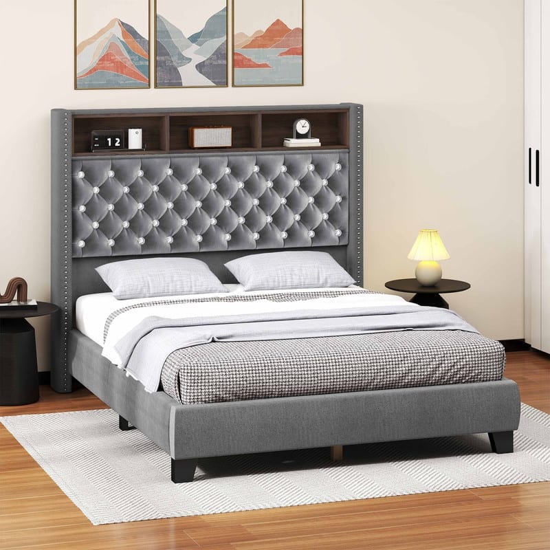 Moasis King/Queen Size Velvet Upholstered Bed Frame with Storage Headboard with USB Charging Stations