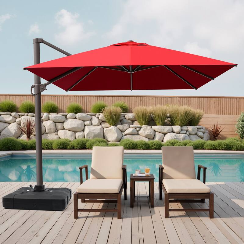 10 x 13 FT Outdoor Shade Canopy Patio Cantilever Offset Umbrella with Base - Red - Base with 4 wheels