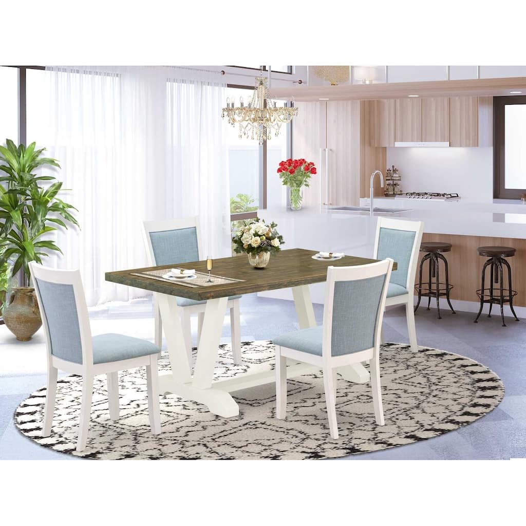 HomeStock 5-Piece Rectangle Wire Brushed Linen White Finish Solid Wood Top Dining Table with 4 Parson Chair