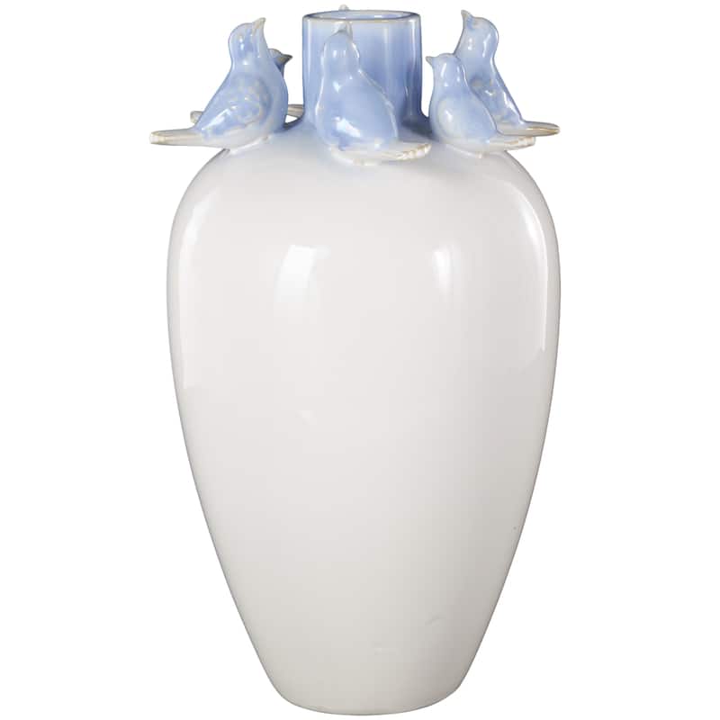 Ceramic Bird Vase with Blue Accents - White - Roche River Decor - White - 8"W, 15"H