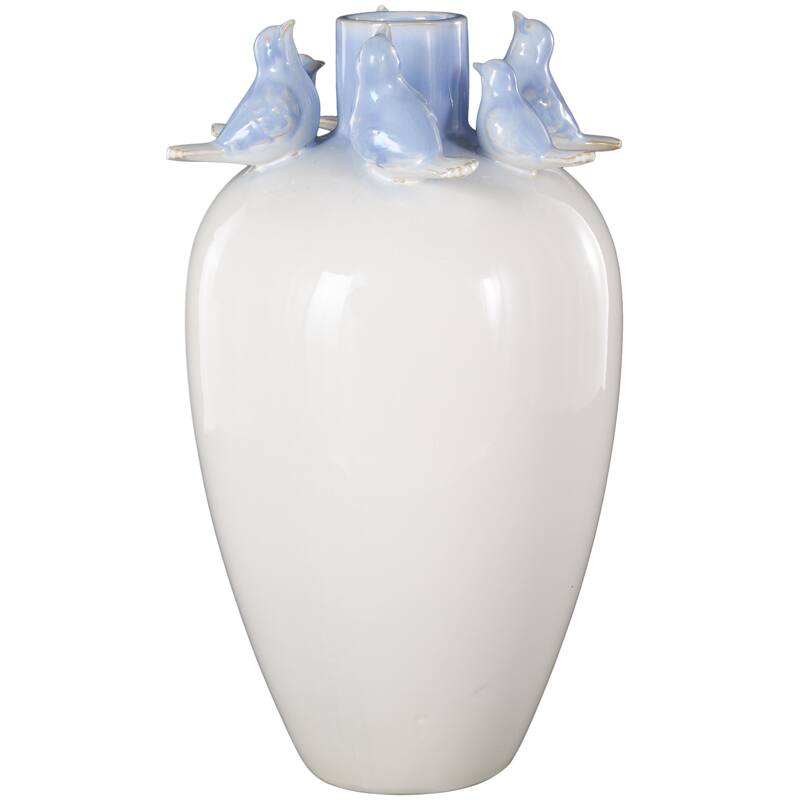 White Ceramic Bird Decorative Vase with Blue Accents