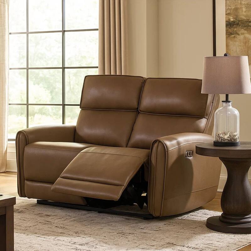 Sily Power Reclining Loveseat, Light Brown Faux Leather, 57 Inch, USB