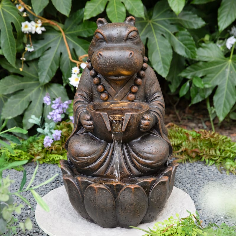 Glitzhome 21.75"H 2-Tiered Lighted Zen Style Frog Elephant Hippo Polyresin Outdoor Fountains