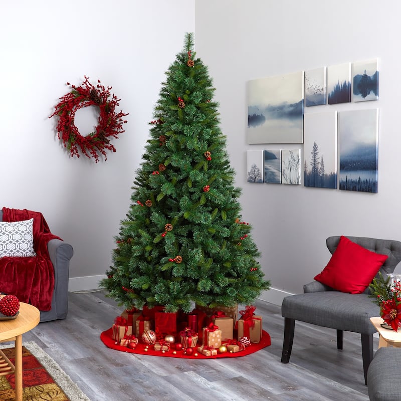 8Ft Artificial Christmas Tree with Lights - Holiday Spruce Tree, Pine Cones & Berries - Festive Home Decor - Green - 96