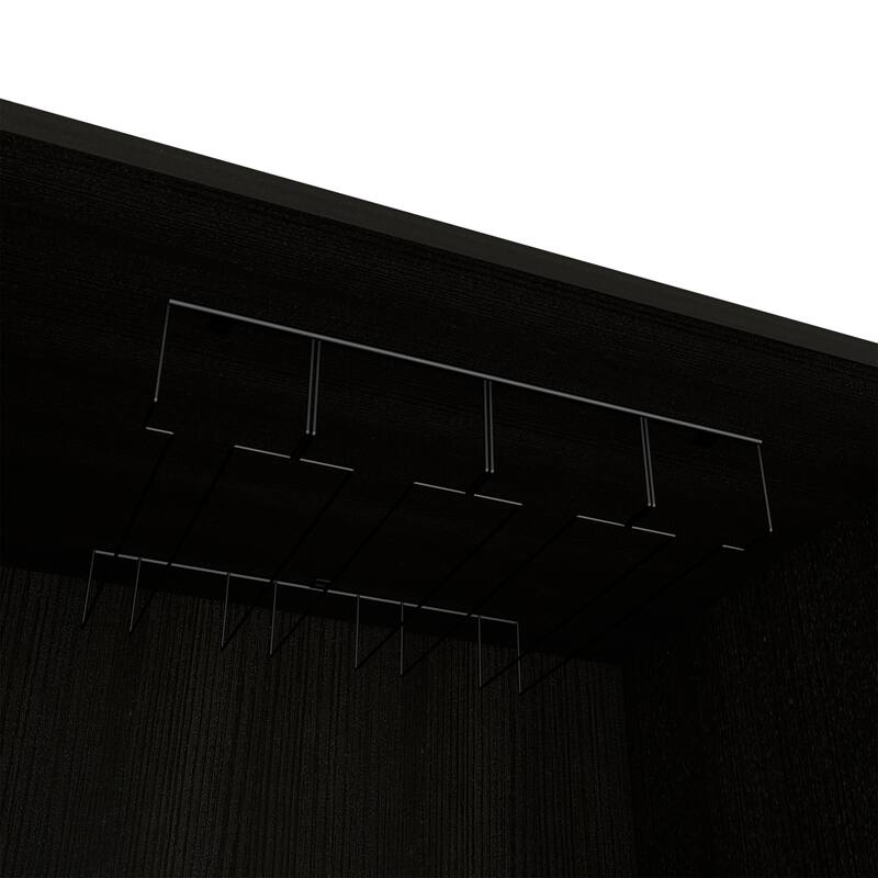 FM Furniture Sheffield H Bar Cabinet with Glass Rack, Open Shelf, Double Cabinet, 8 Bottle Cubbies, and Hairpin Legs