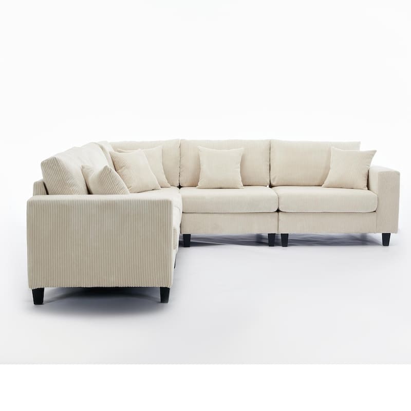 Oversized Sectional Sofa Set, L Shaped Corduroy Couch Deep Seat Chaise Lounge with 5 Throw Pillows for Living Room Loveseat