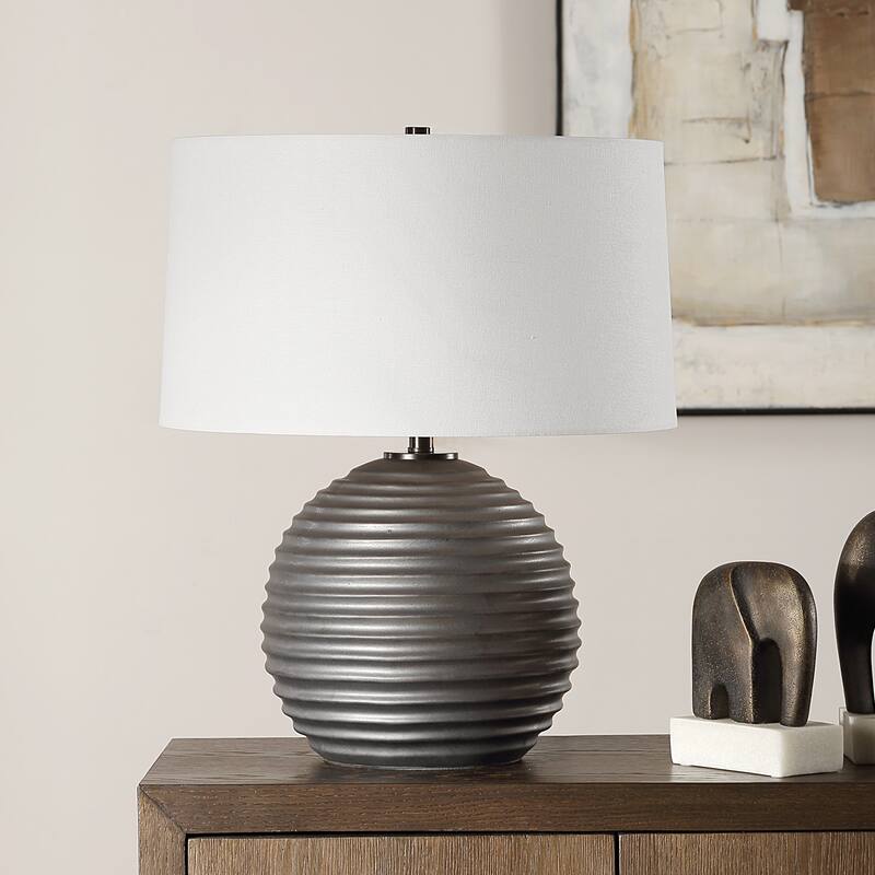 Ribbed Texture Ceramic Table Lamp with White Drum Shade - 22" - Gray