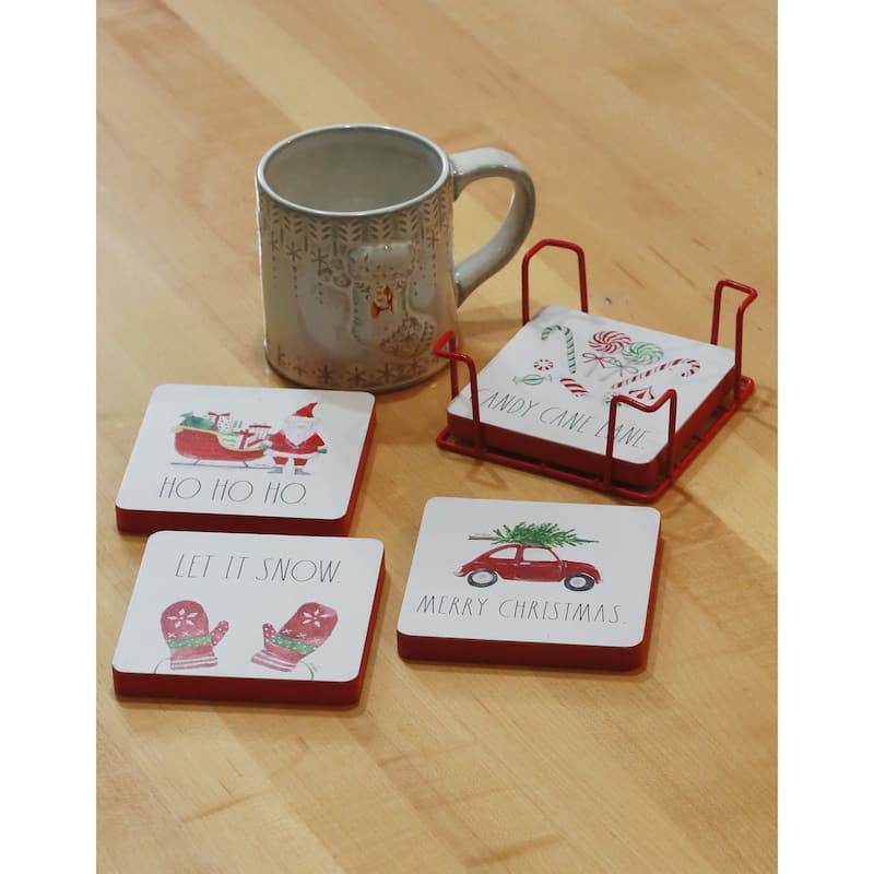 Rae Dunn Set of 4 Christmas Themed Drink Coasters - N/A - Multi Color - Metal Case