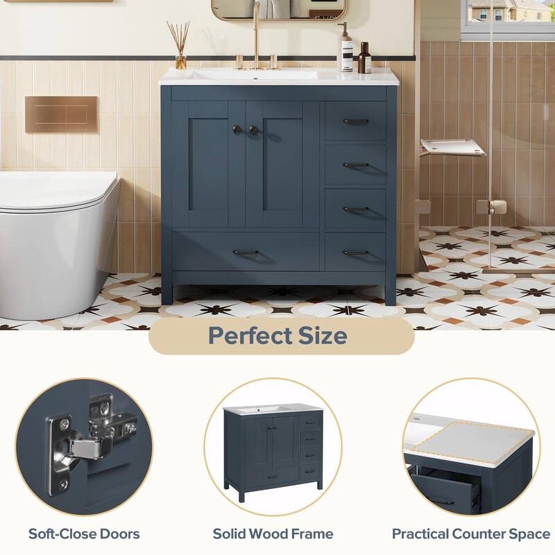 36" White Bathroom Vanity with Ceramic Sink Combo, Ample Storage Cabinet - 2 Soft-Close Doors and 5 Drawers