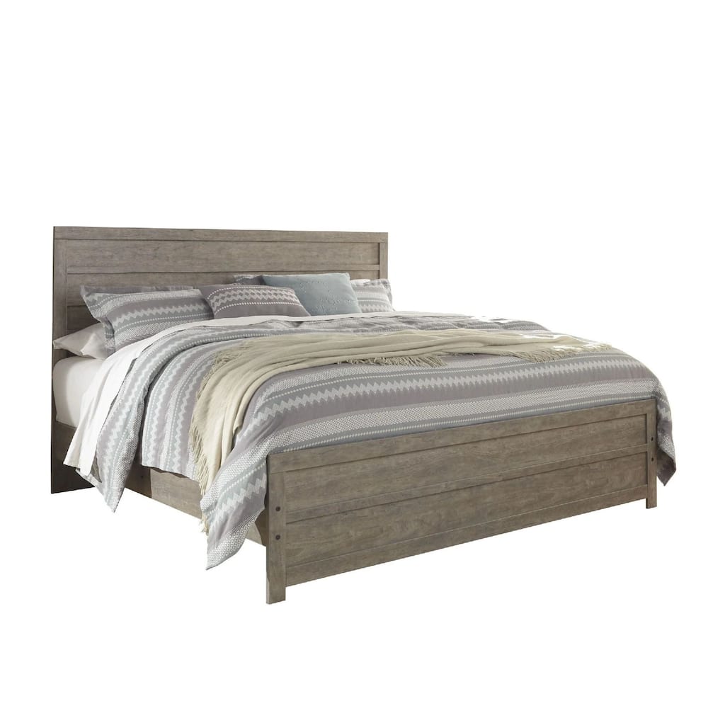 Kulv King Size Panel Bed with Plank-Style Design, Vintage Gray Wood