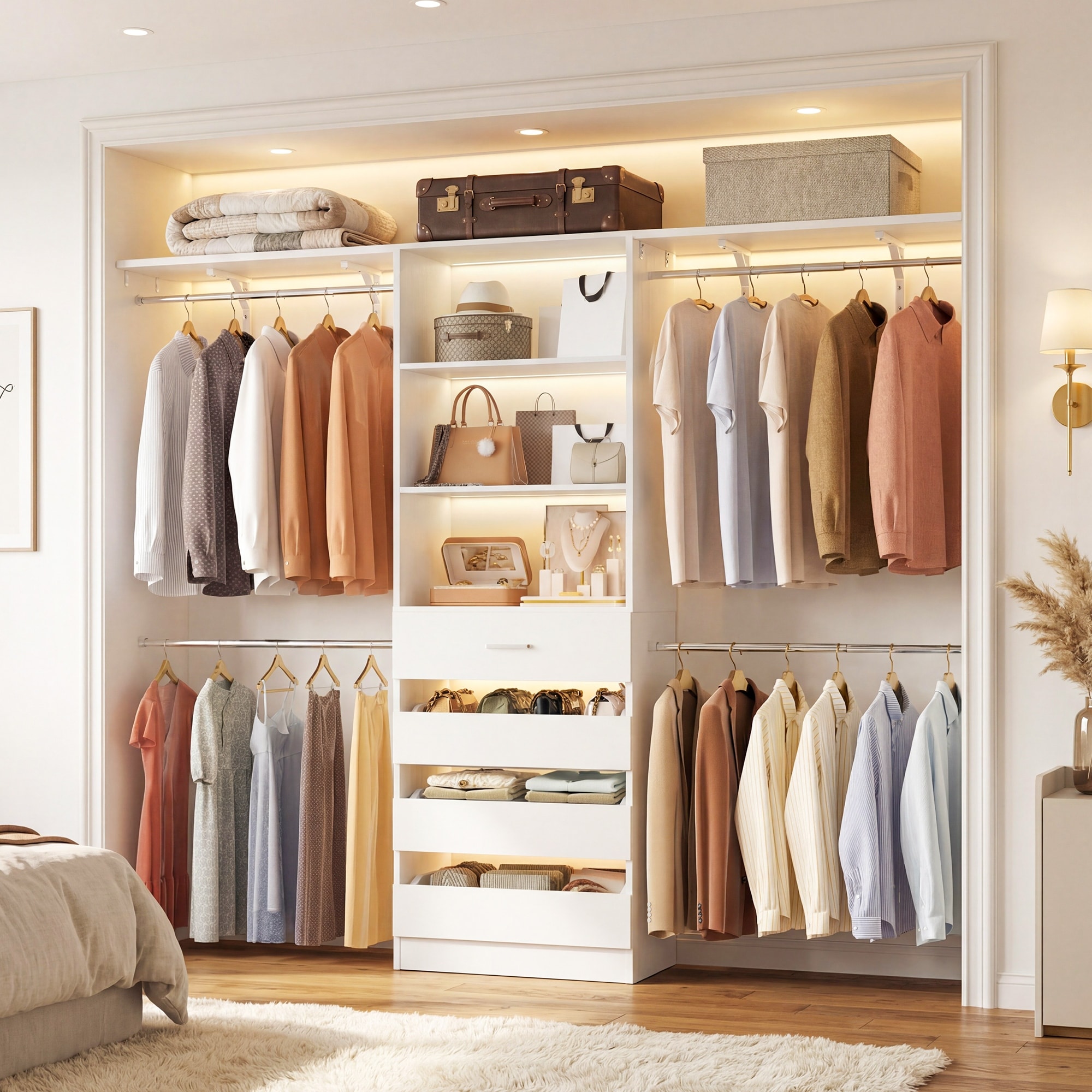 96'' Closet Organizer System with Wood Drawers, Wardrobe with Storage Shelves and 4 Hanging Rods
