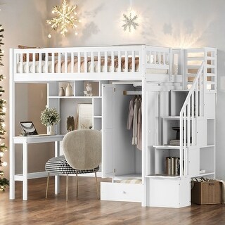Playhouse Inspired Twin size Loft Bed with Bookshelf, Drawers, Desk and Wardrobe, Sturdy Construction & Unique Design, White