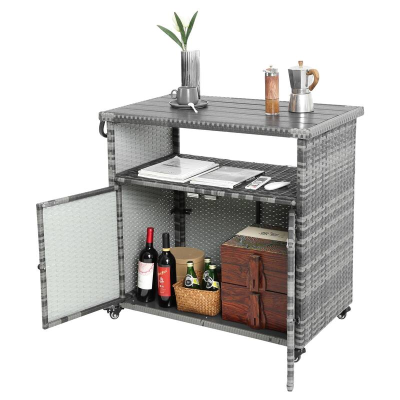 Outdoor Wicker Bar cart, Patio Wine Serving cart w/Wheels , Rolling Rattan Beverage Bar Counter Table w/Glass Top