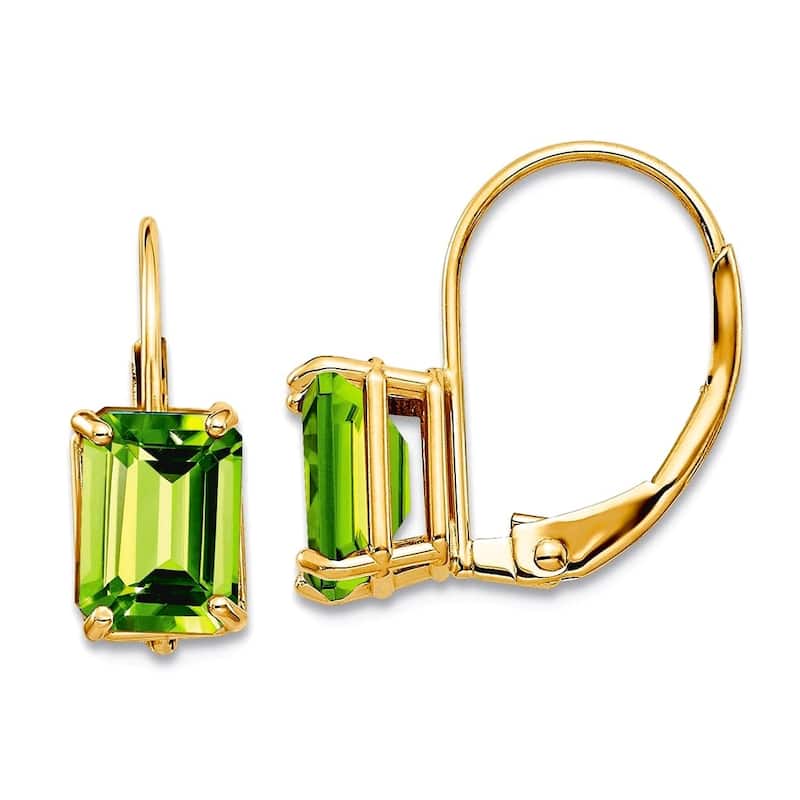 Curata 14k Yellow Gold 7x5mm Emerald-Cut Genuine Gemstone Leverback Earrings - 5x16mm - Peridot