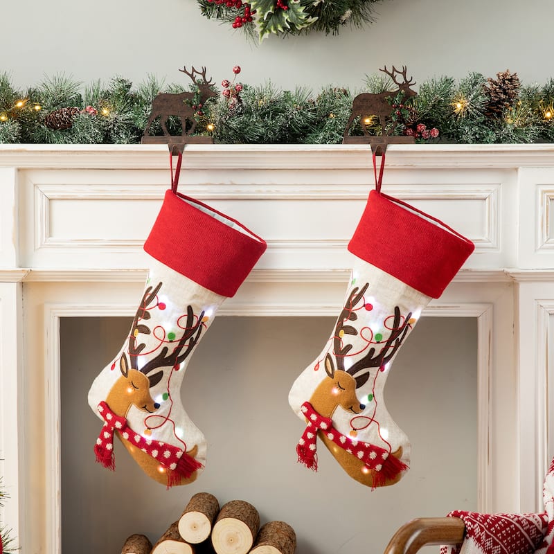 Glitzhome 21"L LED Embroidered Linen Reindeer Cat Dog Christmas Stockings