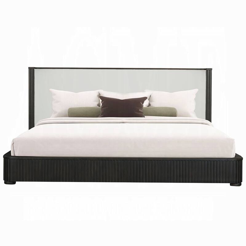 Jeh Queen Size Bed, White Upholstered, Espresso Brown Ribbed Details