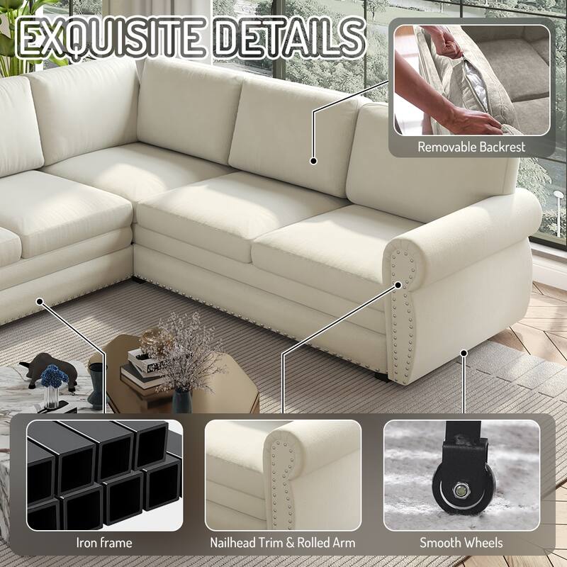 Homy Casa L-Shaped Sectional Sofa w/ Pull-Out Bed, Chenille Sleeper Couch w/ Nailhead Trim & Rolled Arm, Oversize