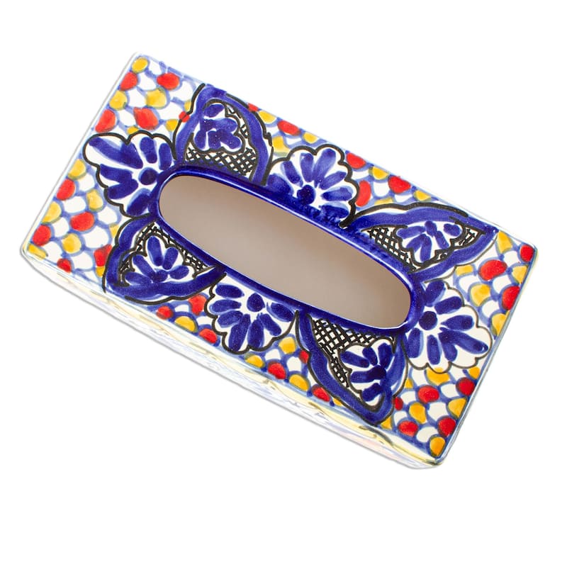 Novica Handmade Cobalt Flowers Ceramic Tissue Box Cover