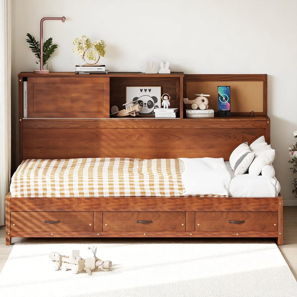 Wood Twin/Full Daybed Frame with Storage Drawers, USB Charging Ports, Shelf, and Headboard Organizer
