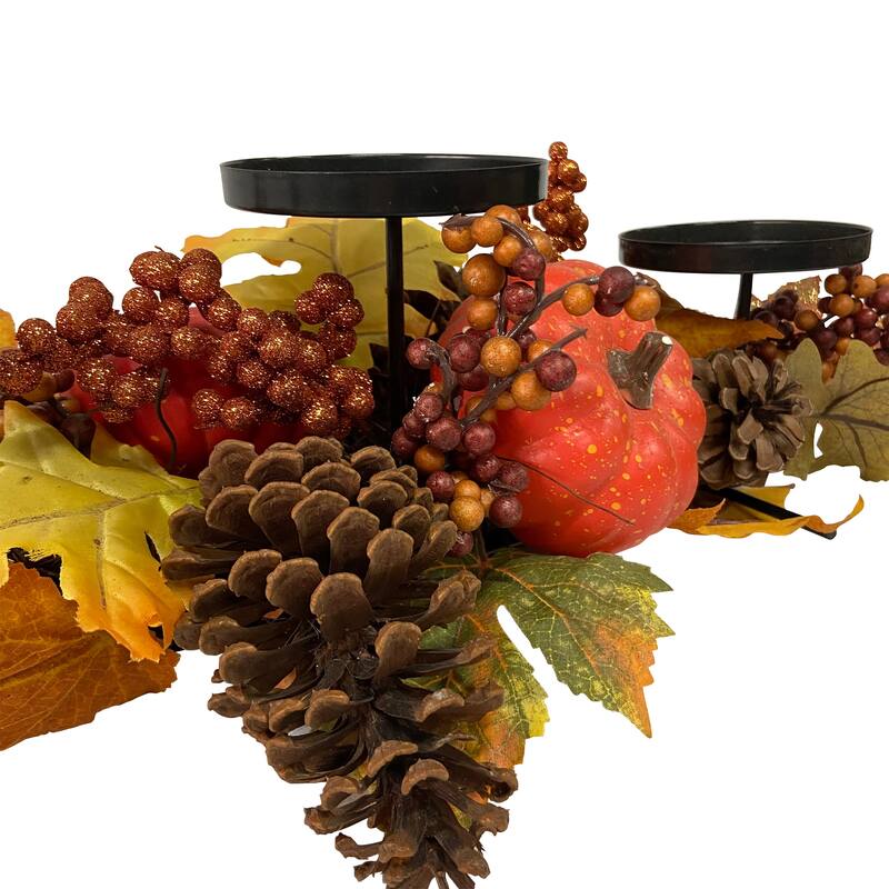 21" Orange Fall Harvest Leaves and Pumpkins Candle Holder
