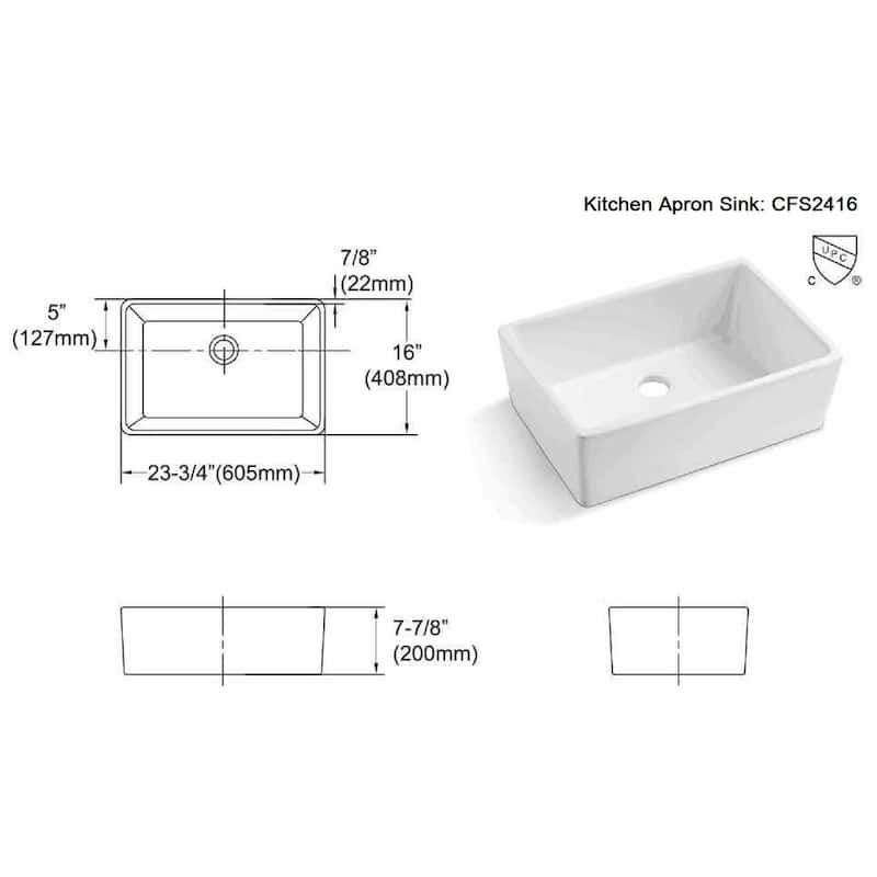 Durable 23.75-Inch Fireclay Farmhouse Apron Single Bowl White Kitchen Sink with Strainer