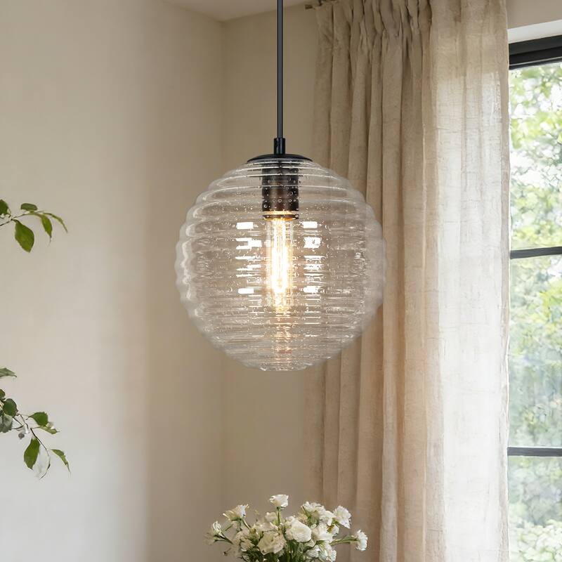 Modern 1-Light Matte Black Seeded Glass Pendant Light Globe Shade Kitchen Island Light for Dining Room - 8.8" L × 9.6" H