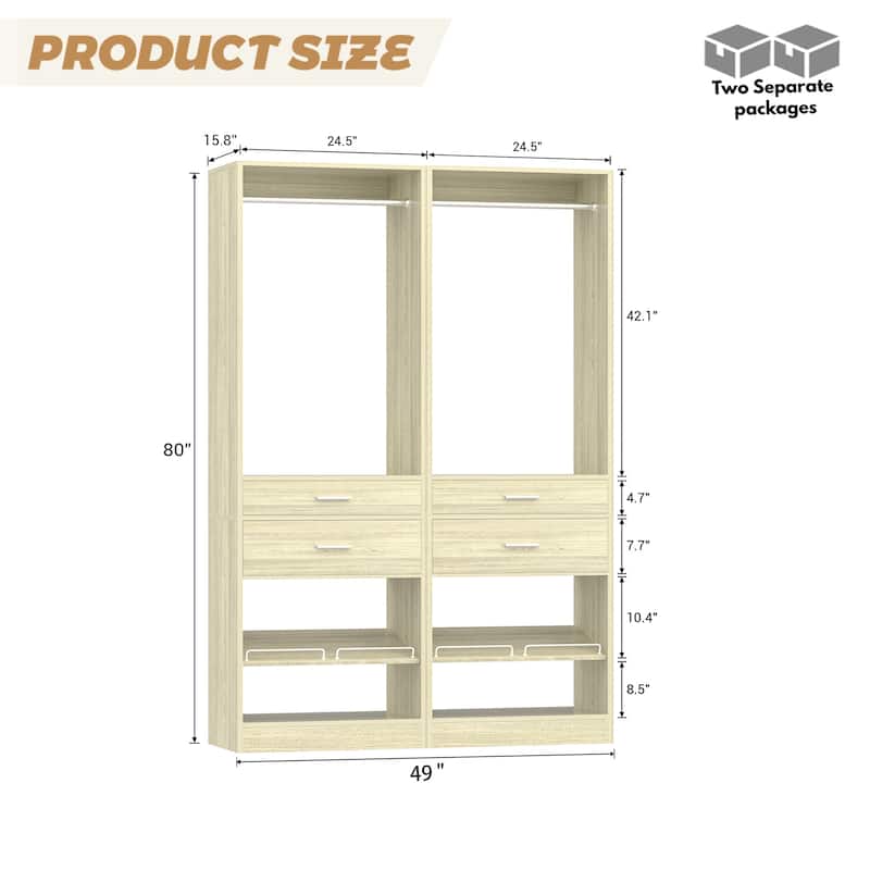 25'' W Freestanding Closet System with 2 Wooden Drawers and Adjustable Shoes Rack and Hanging Rod,Walk-in Closet Organizer