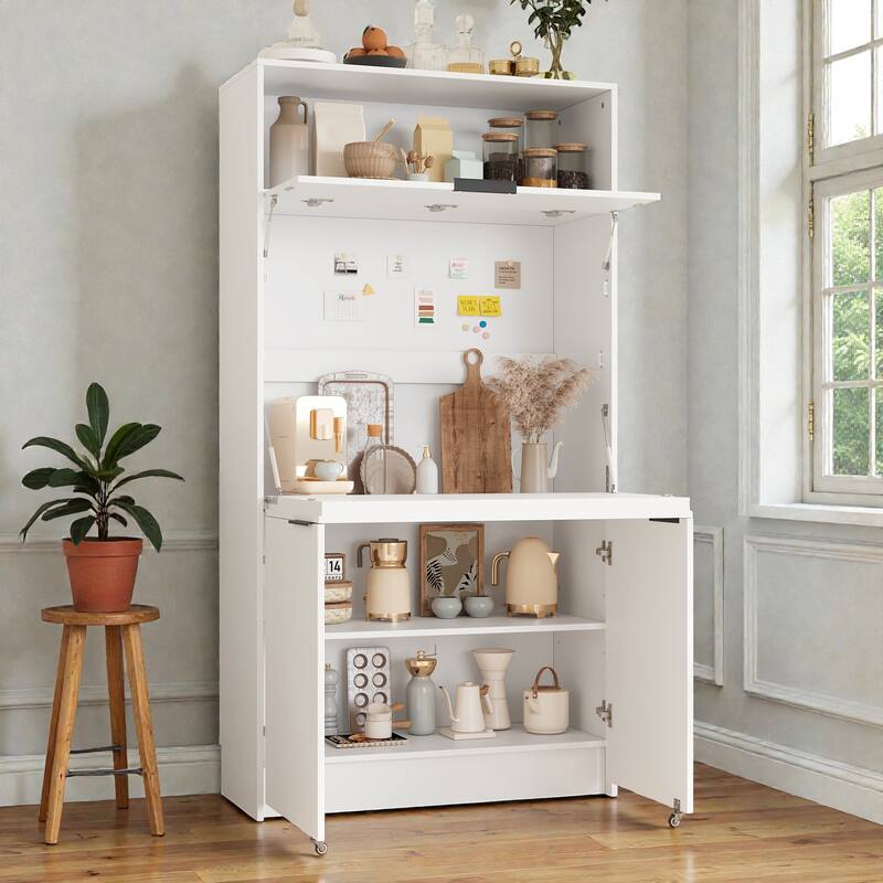 Compact Kitchen Pantry Cabinet with Hutch, Foldable Workstation, Power Outlet, 69 Inch Buffet Storage