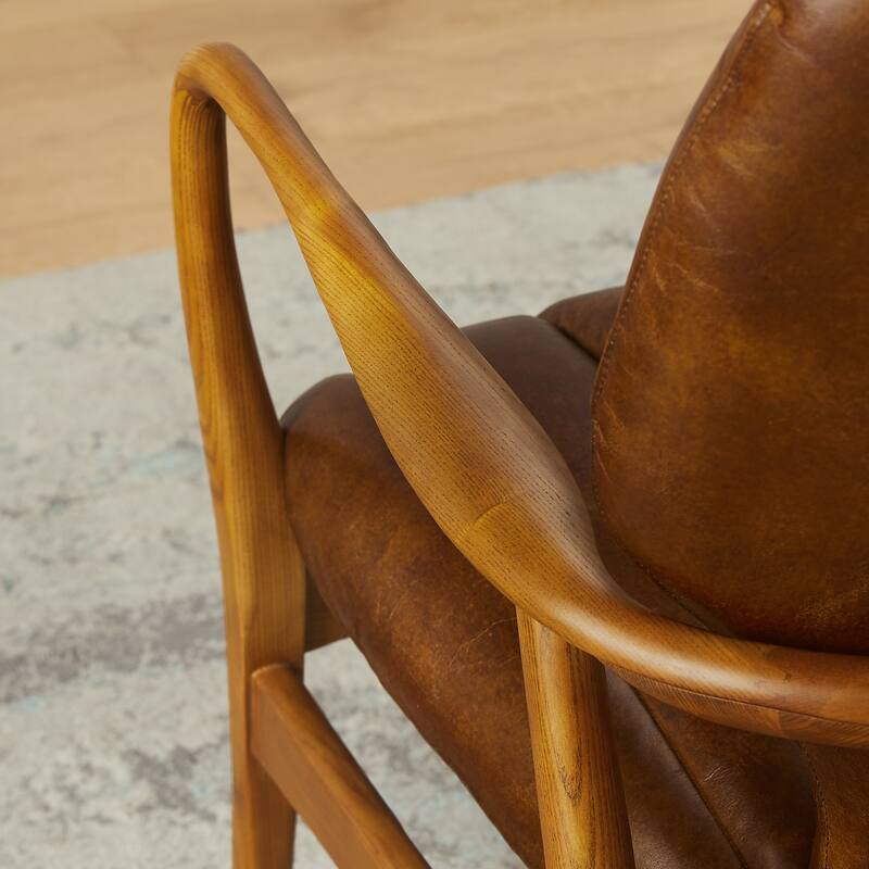 Art Leon Genuine Leather and Ash Wood Accent Chair
