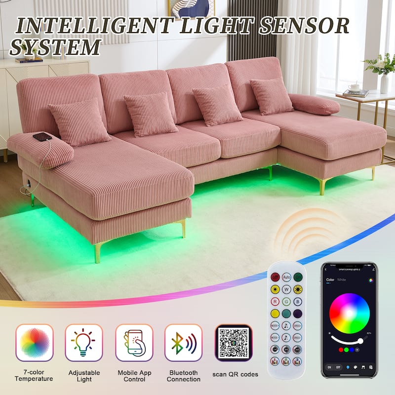 HOMEFUN Corduroy Upholstered U-shaped Adjustable Light Modular Sectional Sofa With Type-C and USB ports