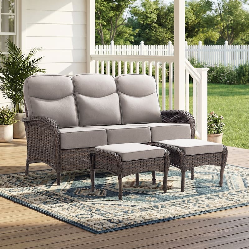 Pocassy Outdoor Sofa Swivel Chair and Ottman with Coffee Table - Brown Wicker Beige Cushion - 3-Piece Sofa with Ottoman