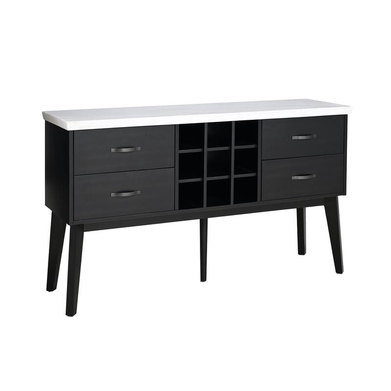 Furniture of America Fieny Modern Black and White Genuine Marble Dining Server Cabinet with Bottle Wine Rack