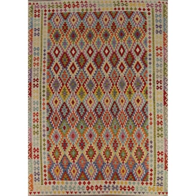 Reversible Geometric Kilim Area Rug Flatweave Wool Carpet - 8'9" x 11'3"