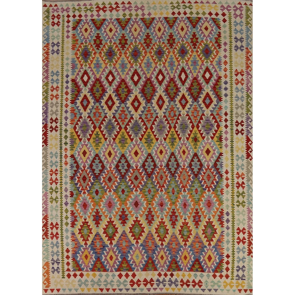 Reversible Geometric Kilim Area Rug Flatweave Wool Carpet - 8'9" x 11'3"