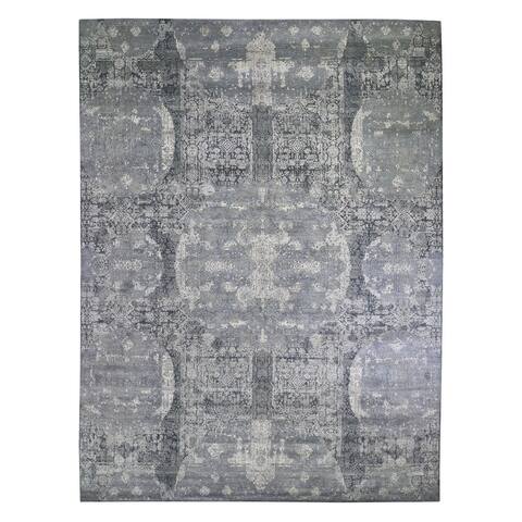 Shahbanu Rugs Oversized Gray Wool and Pure Silk Jewellery Design Hand Knotted Oriental Rug (12'0" x 15'1") - 12'0" x 15'1"
