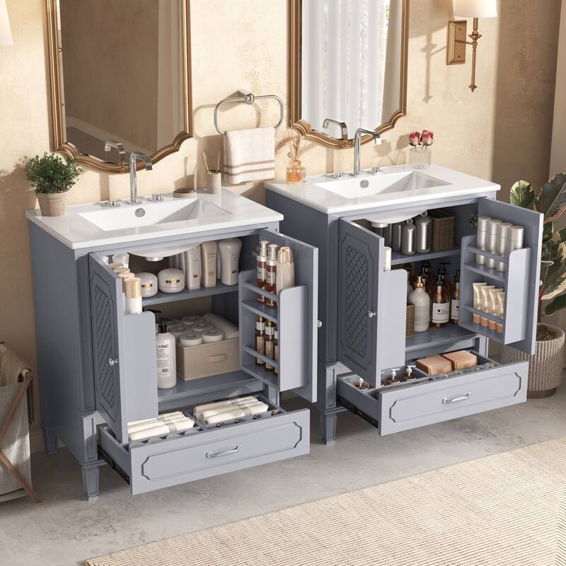 Roomfitters Bathroom Vanity with Double Sink Combo Set, Two Cabinets with Door Organizers and Two Drawers