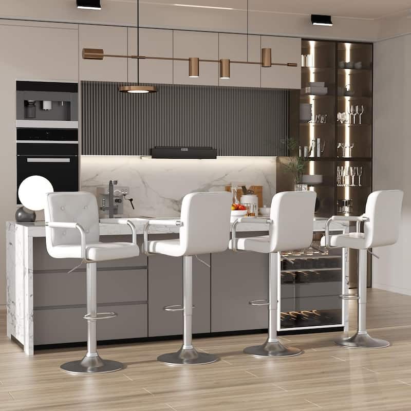 VECELO Height Adjustable Bar Stools Set of 4 Swivel PU Leather Barstool with Back and Arms for Kitchen Island - White