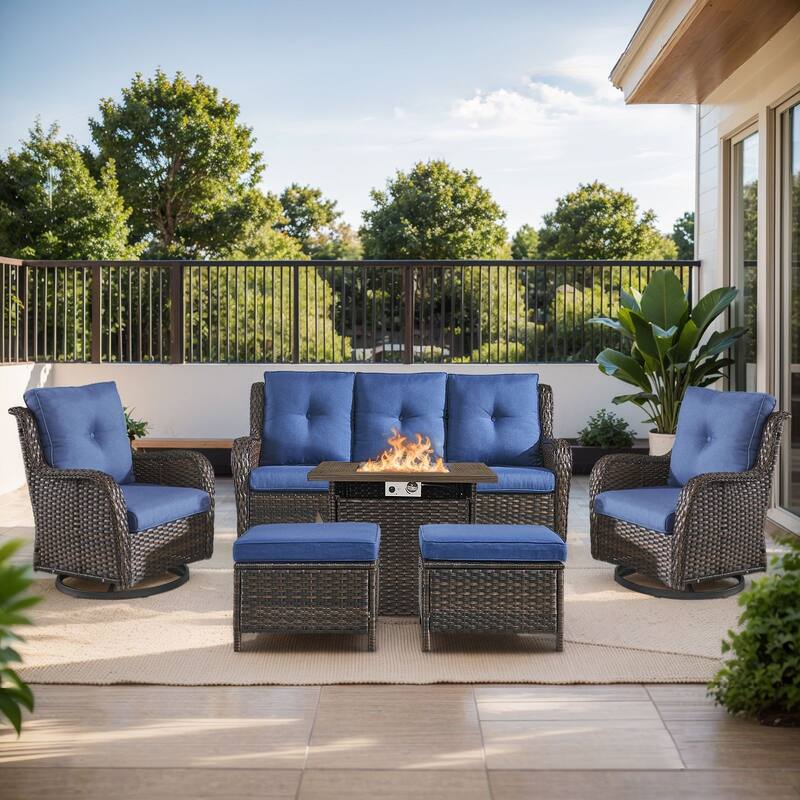 Pocassy Fire Pit Table with Sofa Swivel Chairs Set - Brown Wicker Blue Cushion - 6 Pieces Sofa Chair Ottoman with Fire Table
